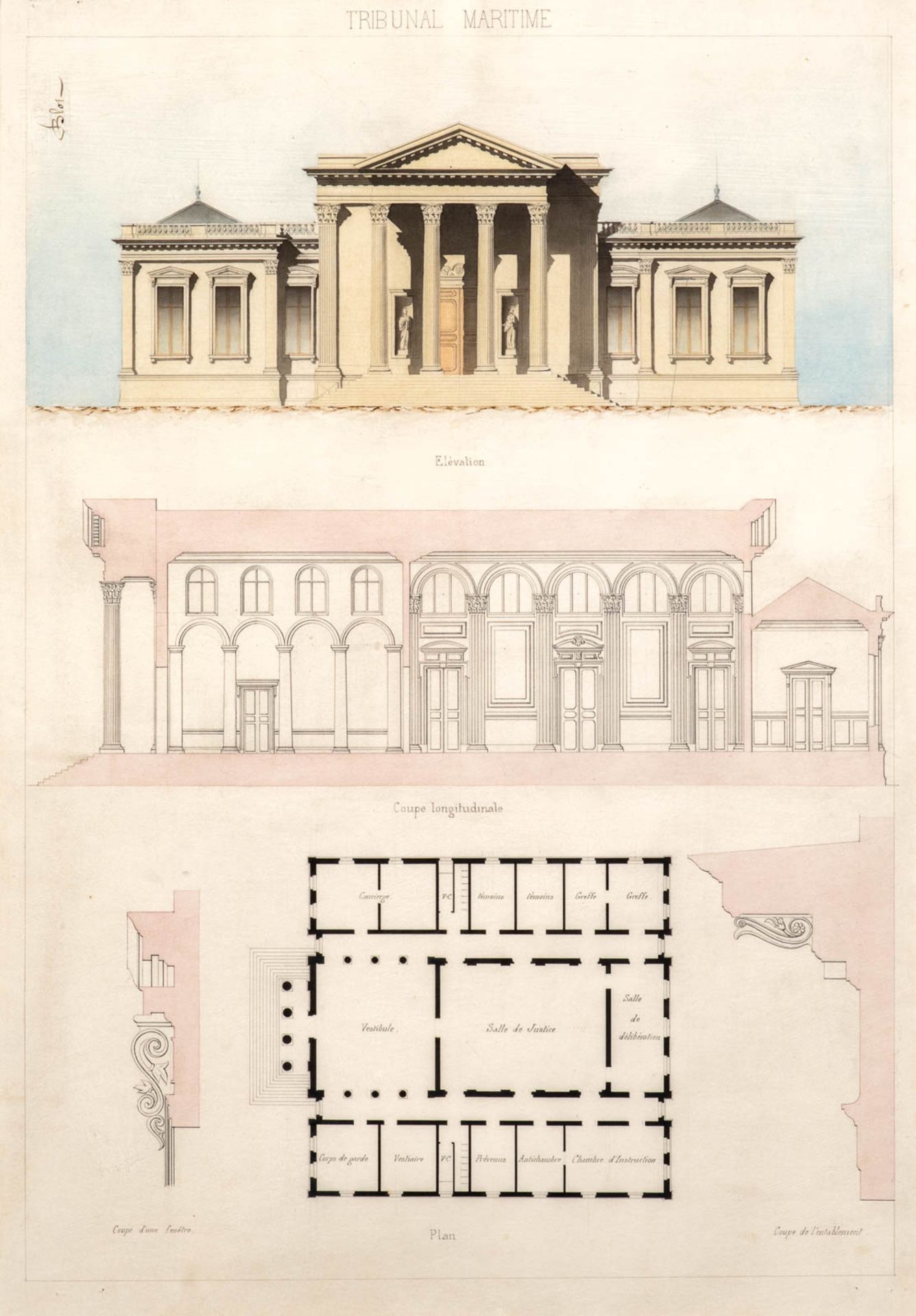 BLOT, architecte (?) et tampon EPC 1870-1891 - Tribunal maritime, élévation, [...]