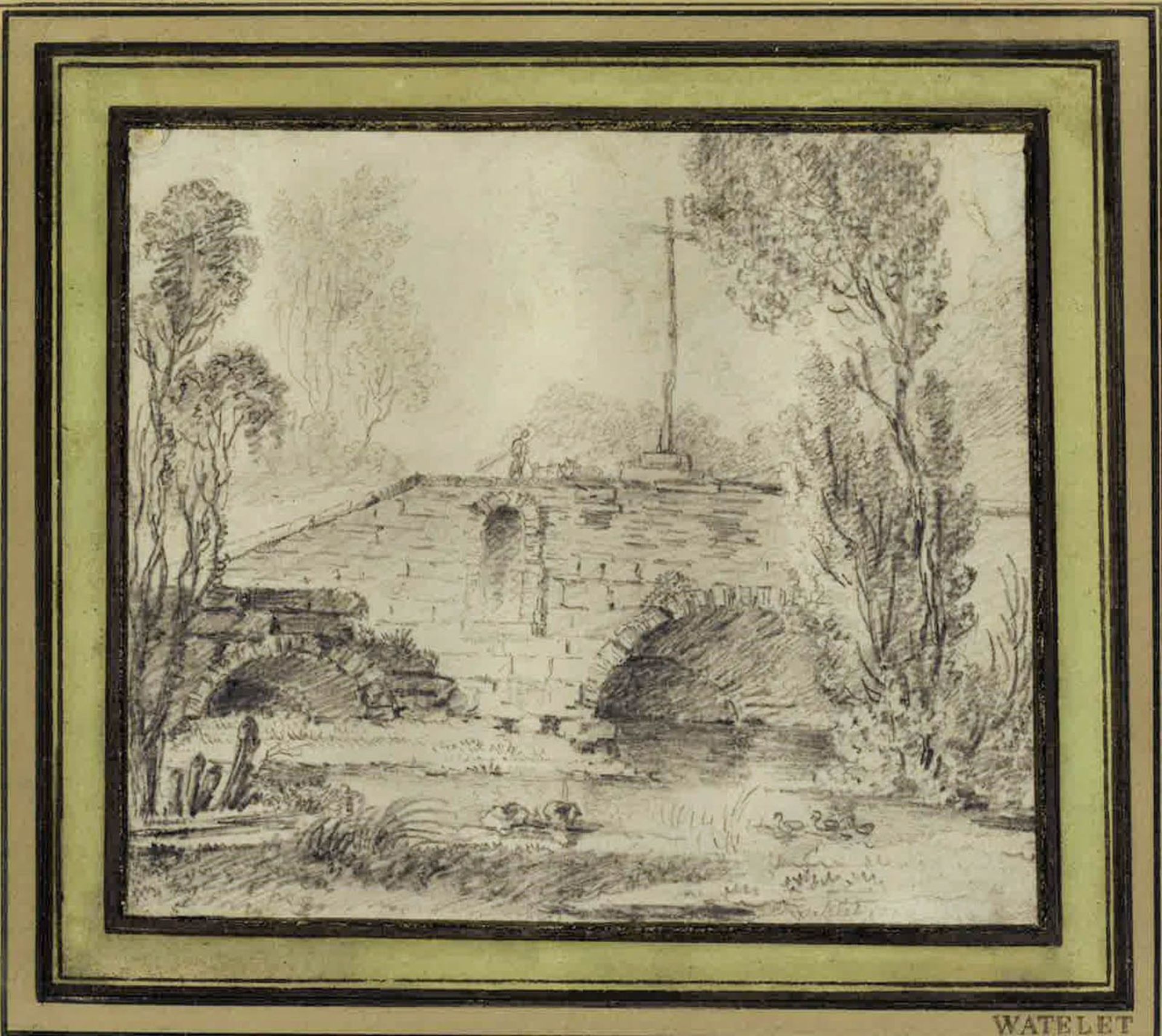 Claude-Henri WATELET (1718-1786) Paysage au petit pont Pierre noire Signée en bas à [...]