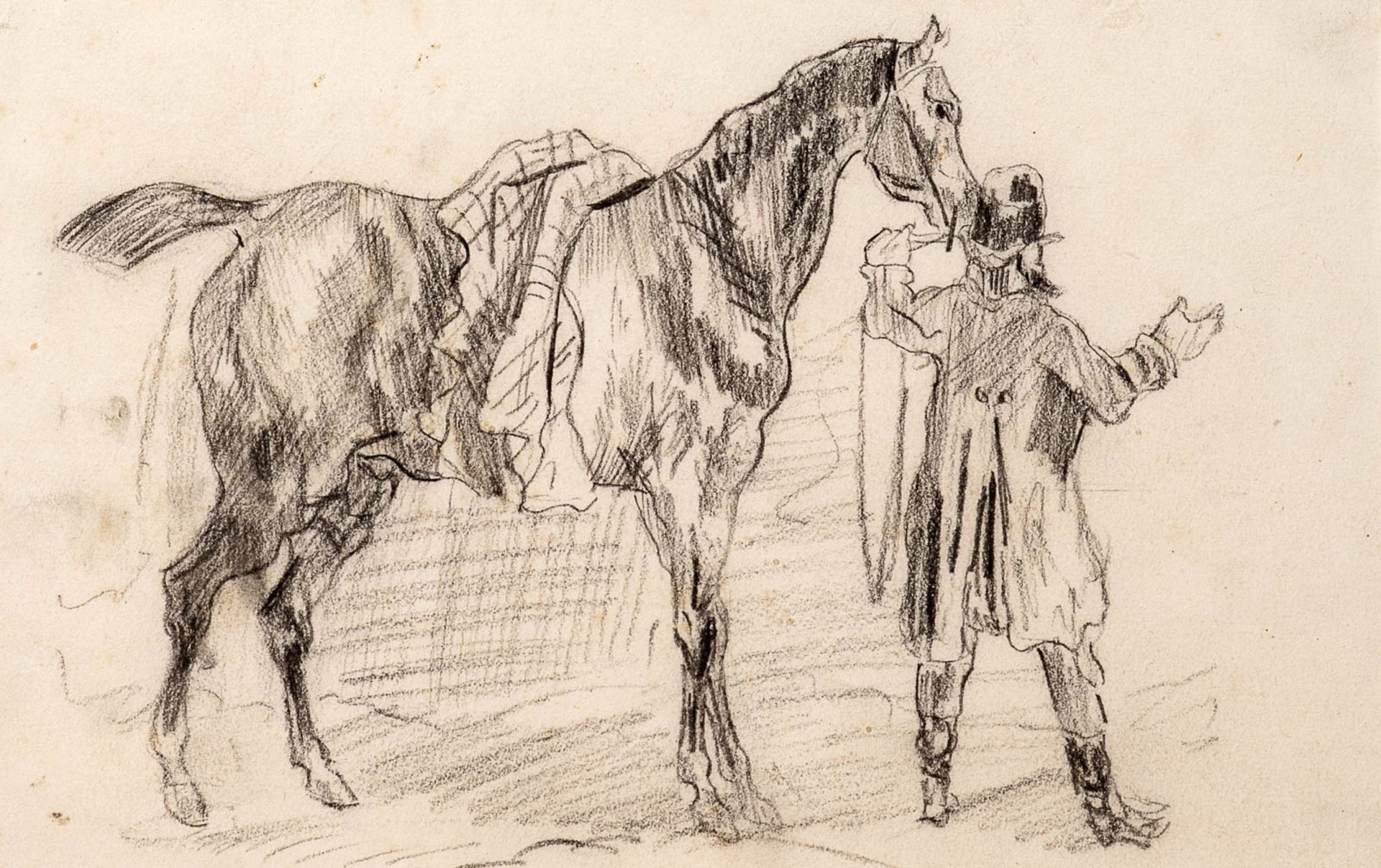 Eugène DELACROIX (1798-1863), attribué à Palefrenier et cheval Pierre noire 12,5 x [...]