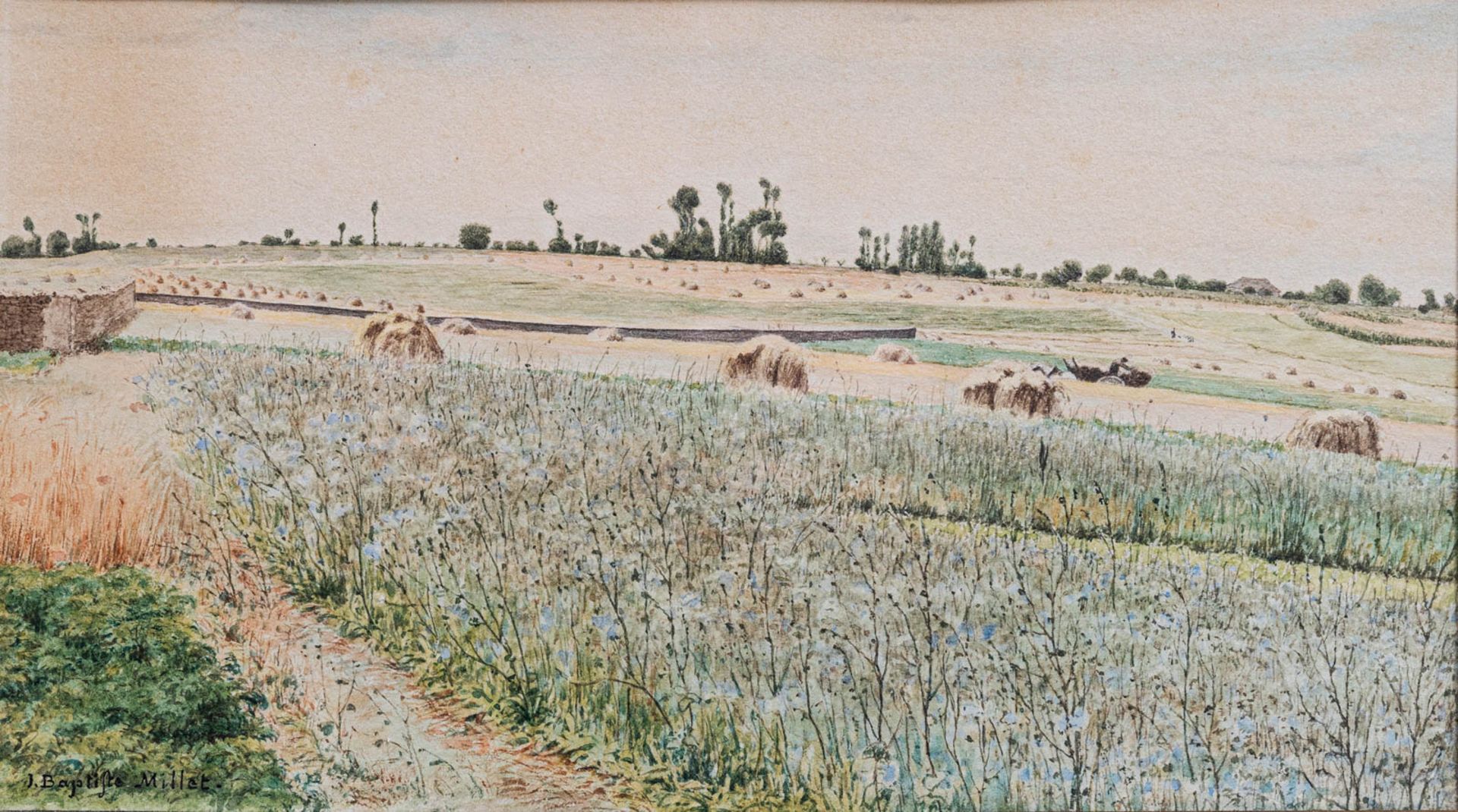 Jean Baptiste MILLET (1831-1906) Le champs moissonné Aquarelle 15 x 27,5 cm 80/120€ -