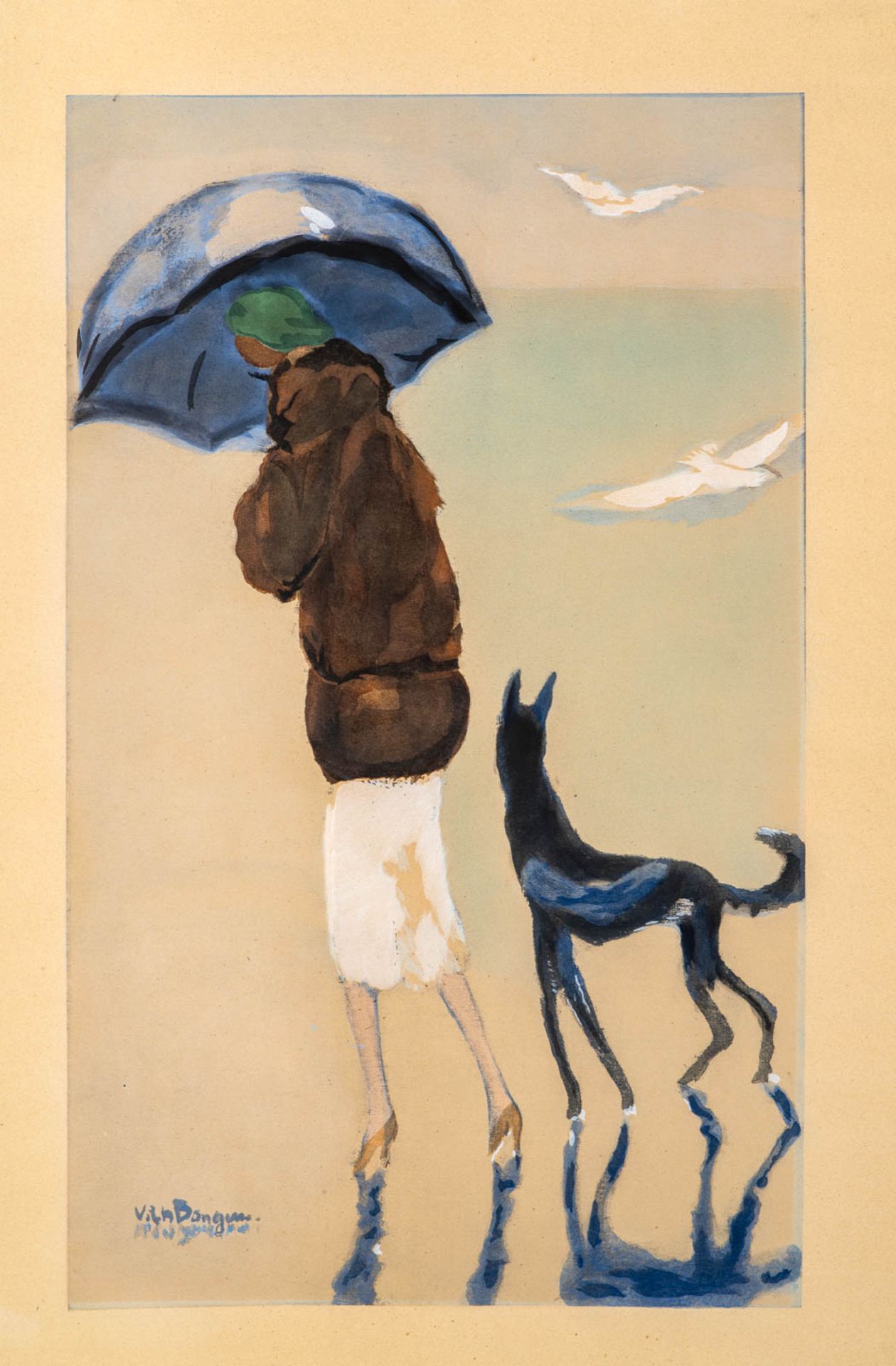 Kees VAN DONGEN (1877-1968) Femme et chien marchant sur la plage, 1925/ 30 Pochoir [...]