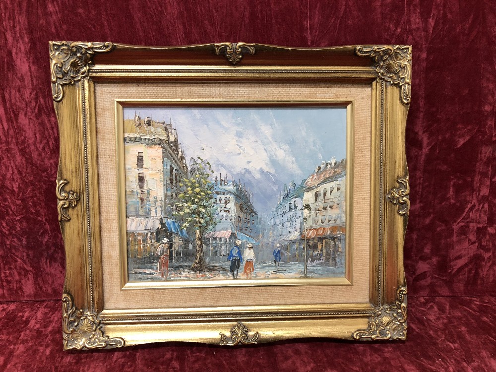 An oil painting of Parisian street scene by American artist Caroline Burnett.