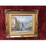 An oil painting of Parisian street scene by American artist Caroline Burnett.