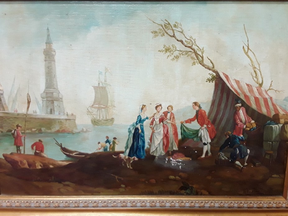 A gilt wood framed oil on board painting of a harbour scene set in 18th Century. - Image 2 of 5