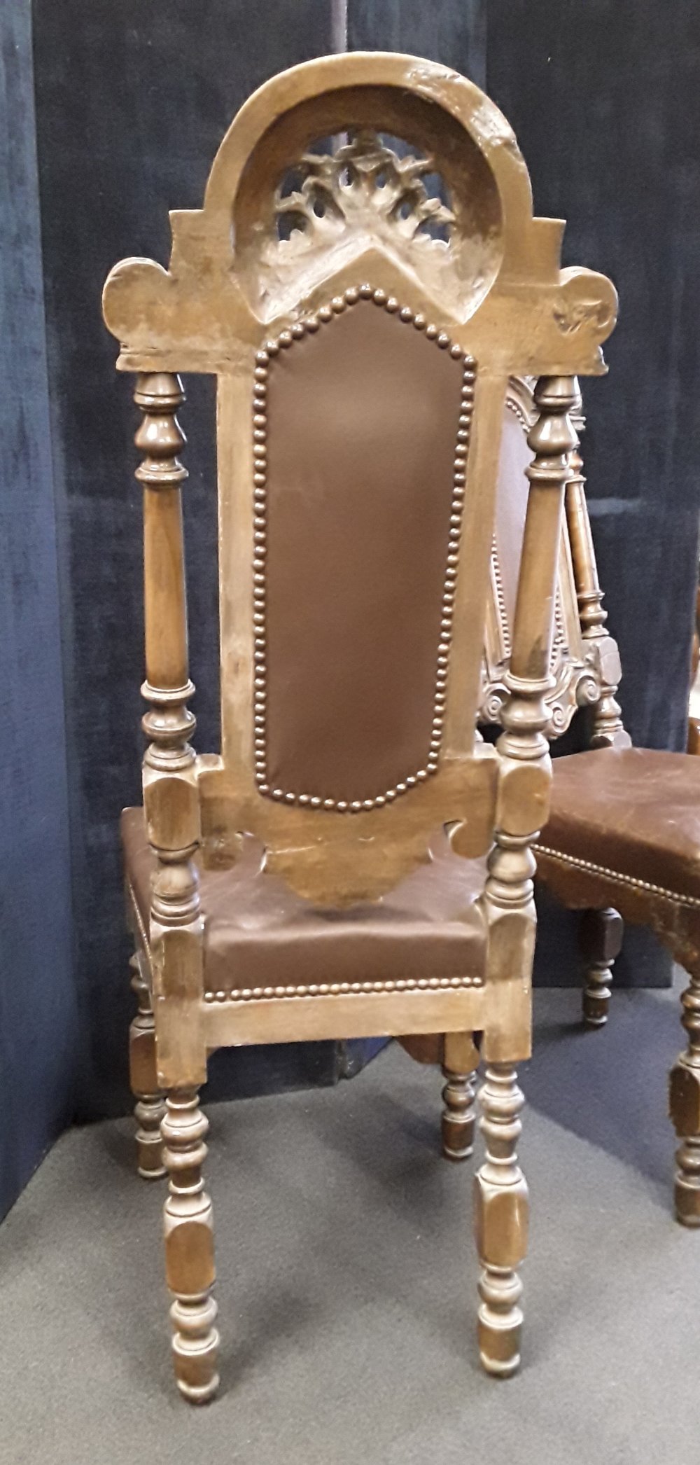 Two high back carved oak chairs with leather inserts into backs and leather seats. - Image 5 of 5