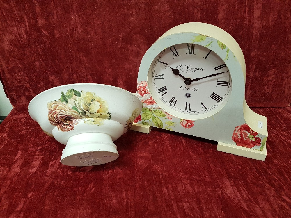 A Laura Ashley wooden bowl and Newgate clock.