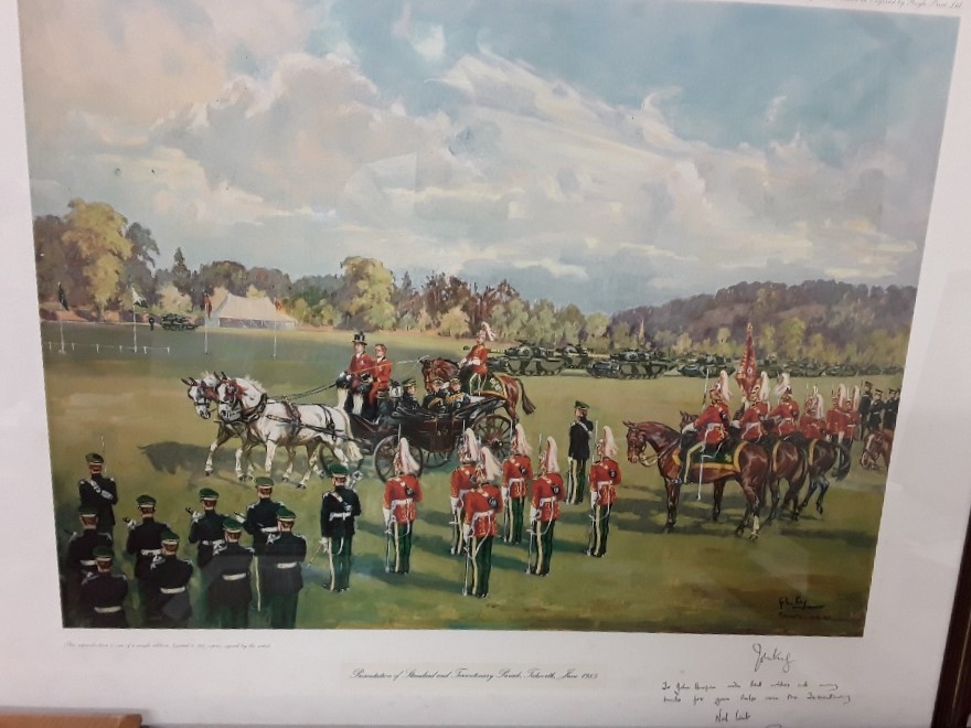 A limited edition print of 5th Royal Inniskilling Dragoon Guards, signed John King 1985 etc. - Image 2 of 4