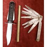 A Royal Air Force military marked Survival Knife together with a set of feeler gauges and brass bar.