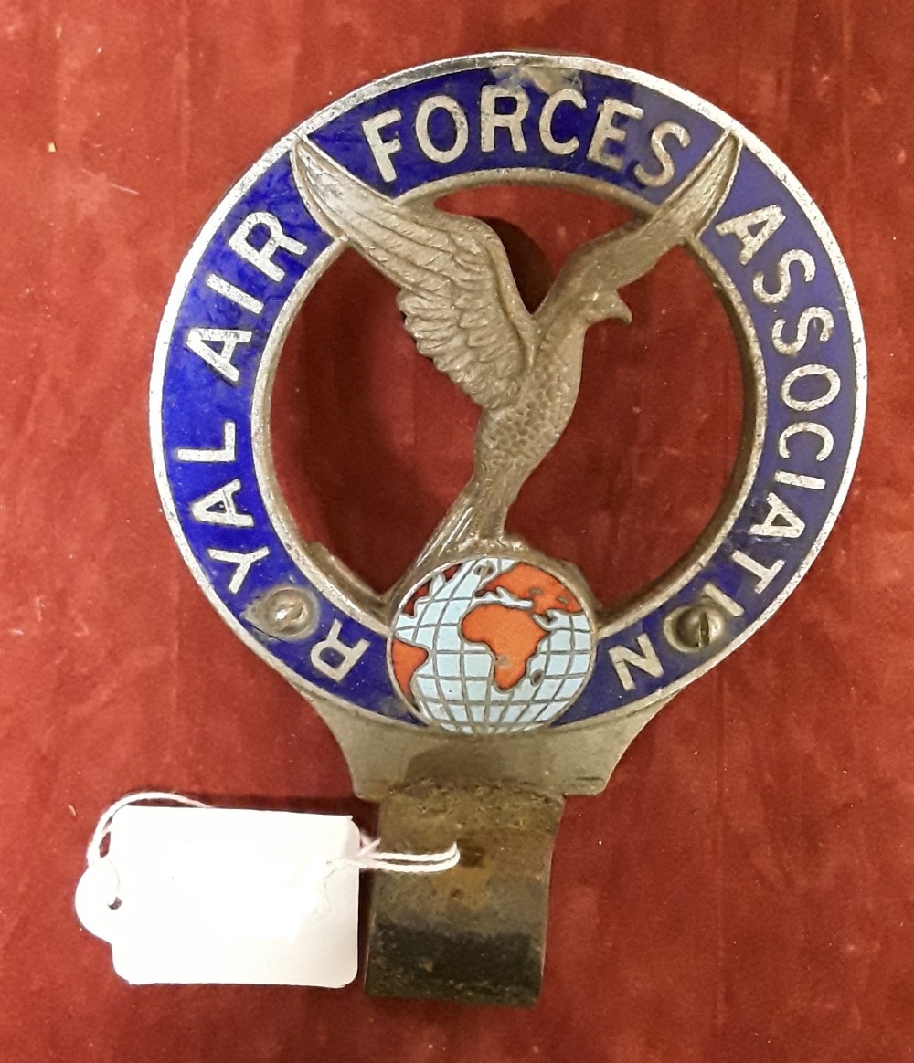 A Royal Air Forces Association chrome and enamel car badge with fixing bracket.