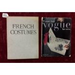 A hardback book titled "French Costumes" with a copy of "50 Years That Vogue Has Seen" magazine