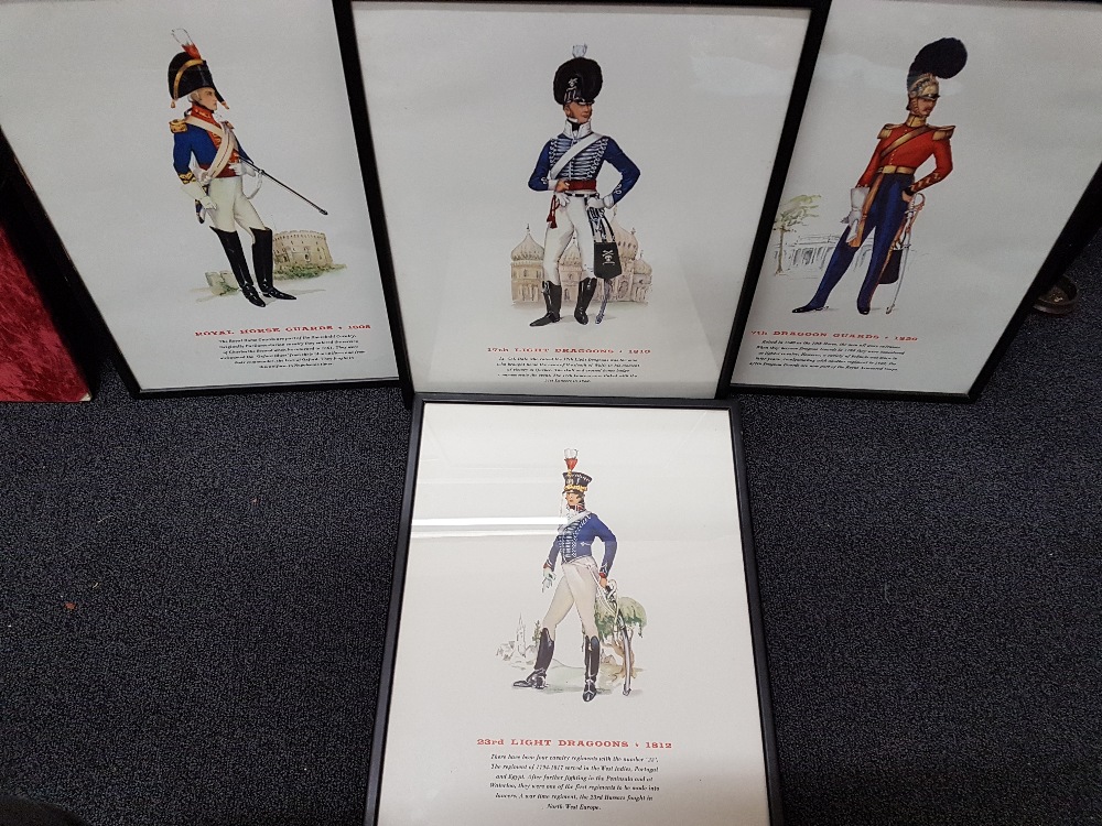 A collection of four framed and glazed prints of early 19th Century soldiers in dress uniform.