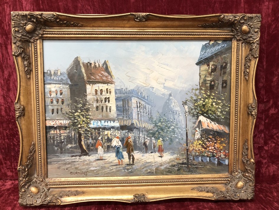 An oil painting of Parisian street scene by American artist Caroline Burnett.