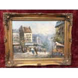 An oil painting of Parisian street scene by American artist Caroline Burnett.