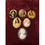 A collection of shell cameo and painted brooches (six in total).