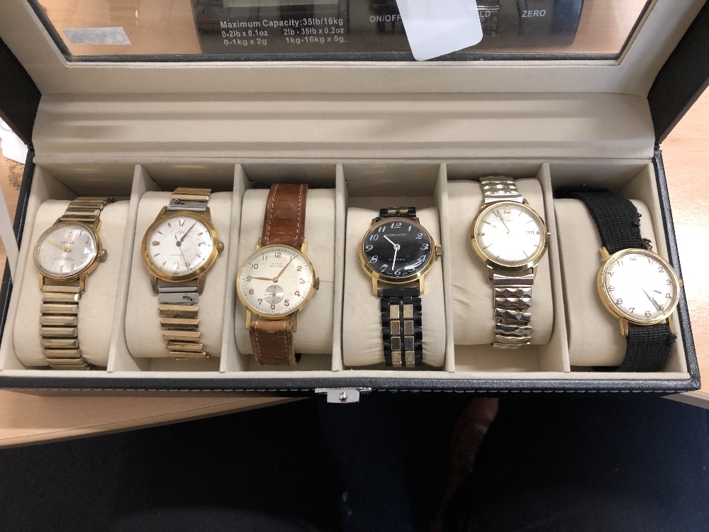 Six assorted wristwatches including a Timex, Legion, Mosla, Mood, Lanco and Lindex.