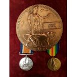 A WW1 Royal Army Medical Corps casualty medal pair together with his Memorial Plaque.