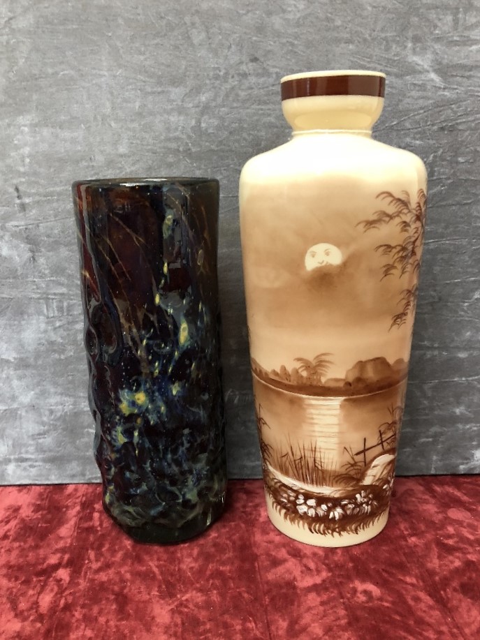 A hand painted opaline vase and a Medina glass vase.