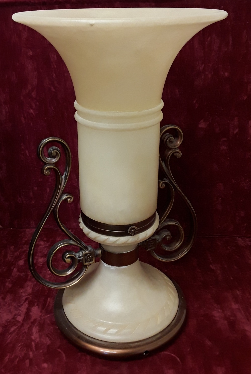 A large contemporary alabaster twin handled tulip shaped urn table lamps.