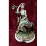 Vintage Capodimonte porcelain figurine of lady seated on bench with a dog. Signed.