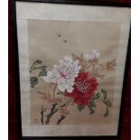 A pair of framed and glazed Chinese silk paintings of peonies with flying insects.