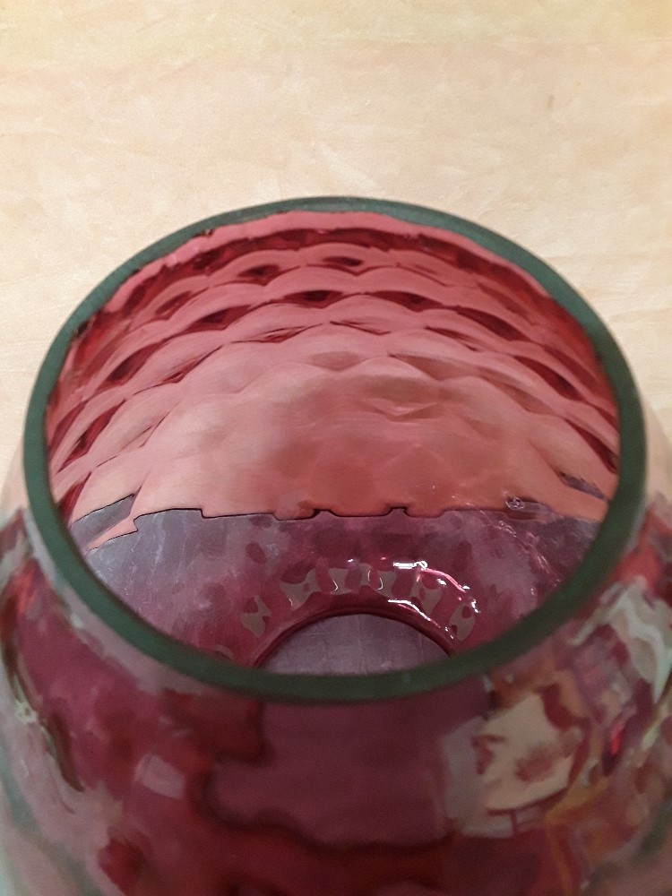 A large hand blown Cranberry glass shade for an oil lamp. - Image 3 of 5