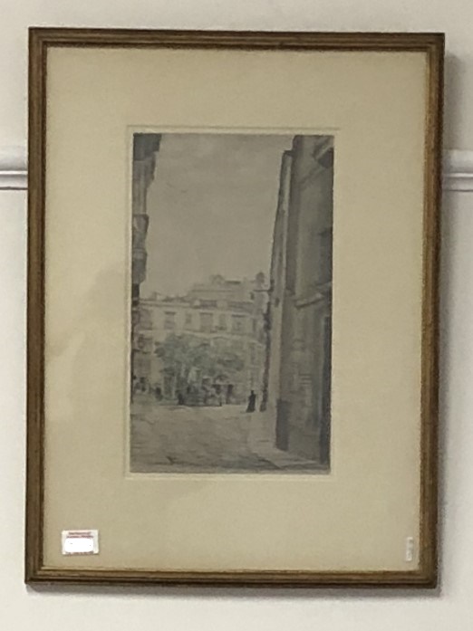 A framed and glazed pencil etching of San Francis in Cadiz by Sir Muirhead Bone (1876 – 1953).