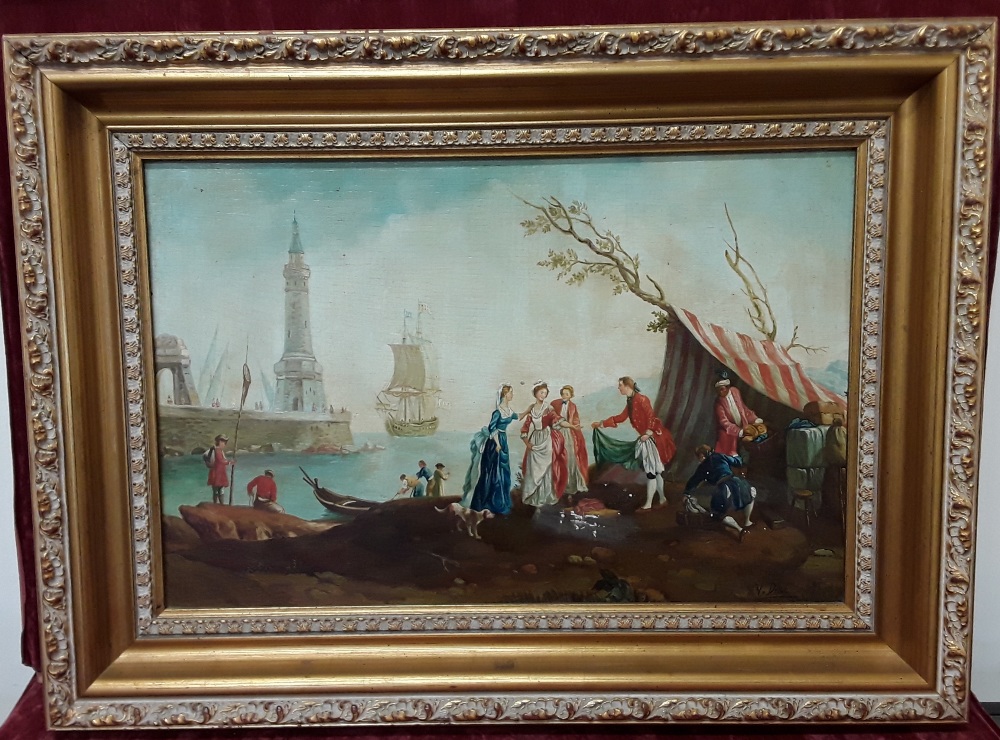 A gilt wood framed oil on board painting of a harbour scene set in 18th Century.