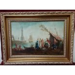 A gilt wood framed oil on board painting of a harbour scene set in 18th Century.
