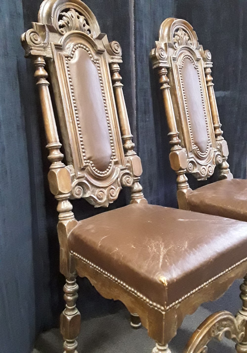 Two high back carved oak chairs with leather inserts into backs and leather seats. - Image 2 of 5