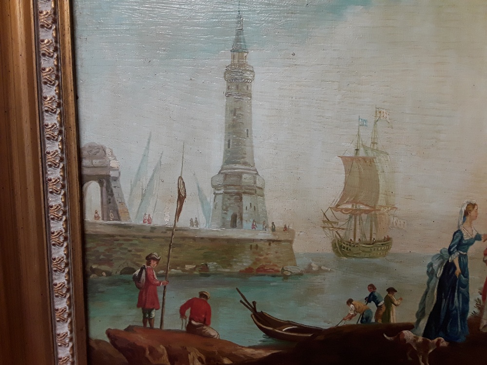 A gilt wood framed oil on board painting of a harbour scene set in 18th Century. - Image 4 of 5