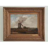 A 19th Century oil on canvas painting of a Dutch/Flemish boxed windmill with workers.