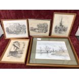 A selection of framed and glazed prints including four of pencil drawings of Norwich.
