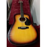 A Chantry full size acoustic guitar with steel strings.