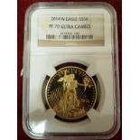 A fine gold 50 Dollar coin depicting a Golden Eagle, 2014 US PF70 Ultra Cameo 1 OZ.