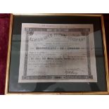 A framed and glazed certificate of 50 shares in Albion Gold Mining Company 1889.