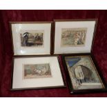 Four framed pictures, comprising three prints of late C19th/early C20th Punch cartoons.