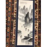 A large Chinese scroll depicting a traditional coastal scene including junks.