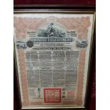 A framed and glazed certificate for a Chinese Government Gold Loan of 1913 for 25 million sterling.