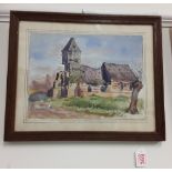 A watercolour on paper by Jean Caron 26 depicting a Norman church.