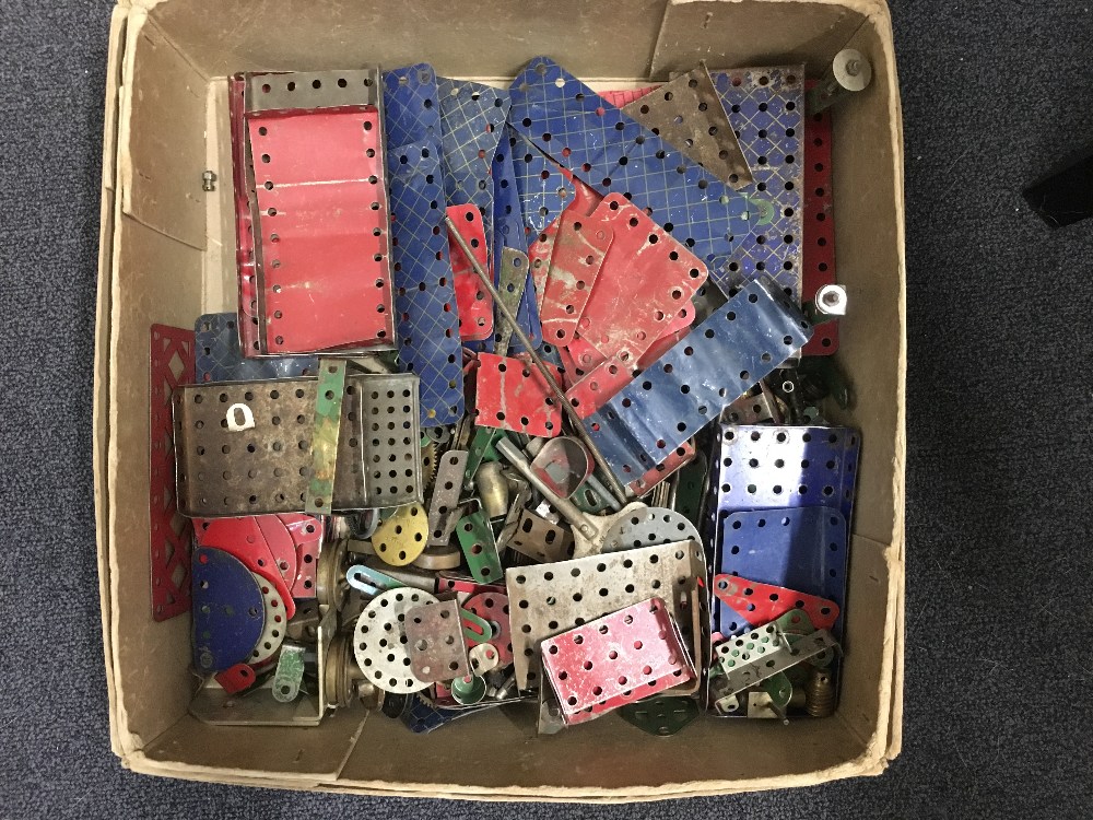 A box of vintage blue and red Meccano.