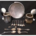 A collection of silver plated items - tray, teaspoons, tea and coffee pots.