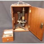 Circa 1880 Victorian Microscope by James Bryson, Edinburgh in mahogany case with key and some slides