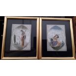 A pair of Indian hand painted figures on alabaster, framed and glazed.