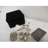 A collection of Islamic/Indian items including silver inlaid boxes, a vase, etc