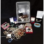 A box of costume jewellery plus some silver.