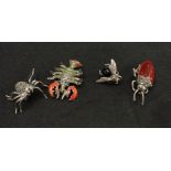 4 silver brooches all in the form of insects, a spider with marcasite and Ruby eyes, a beetle with