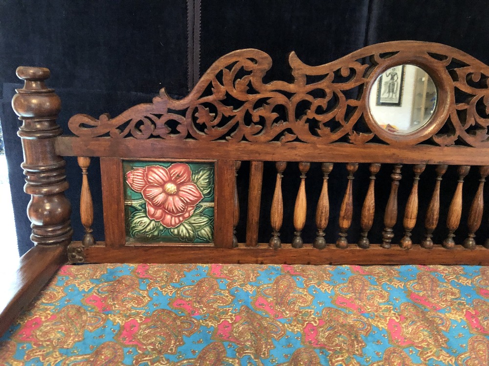 A mid to late 19th Century Indian Rajasthani sofa bench with two matching octagonal side tables. - Image 3 of 4