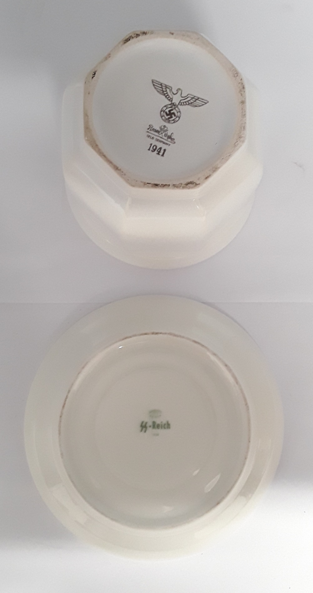 A 1938 dated Third Reich SS ceramic saucer and a 1941 dated ceramic bowl.