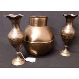 Two hand decorated Indian brass vases plus a brass urn.