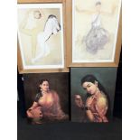 A pair of prints on canvas of Indian ladies and a pair of Rodin Couple Feminist prints on card.